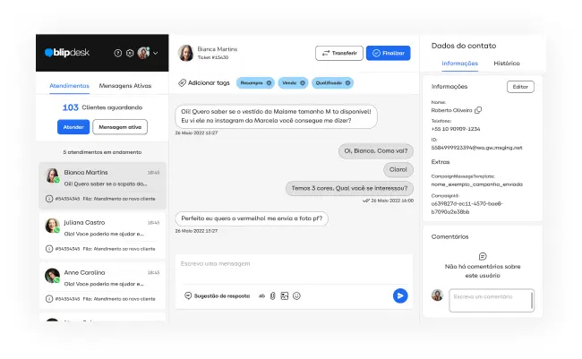 Interface de Atendimento Blip Desk implementada pela Sinapse Labs